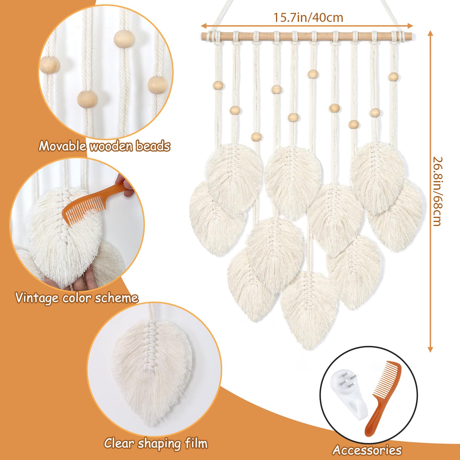 UXORSN Macrame Wall Hanging Beige Leaf Tassel Tapestry Boho Chic Wall Decor Handmade Woven Cotton Rope Tapestry Aesthetic Bohemian Wall Art for Bedroom Living Room Office Apartment Ornament - Image 3