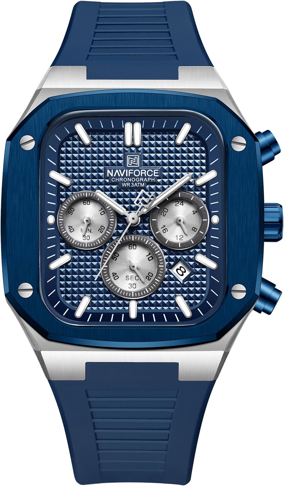 NAVIFORCE Mens Square Watches,Chronograph Analog Calendar Wrist Watch, Quartz Waterproof Watches for Men, Silicone Band