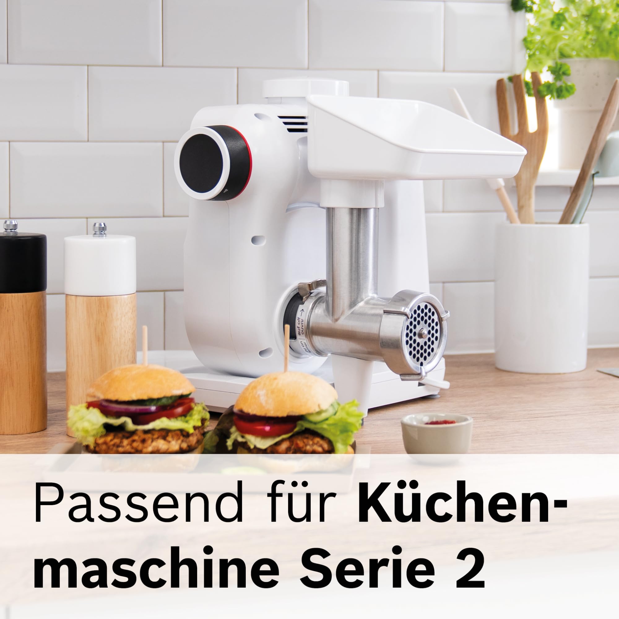 Bosch Fleischwolf MUZS2FWW, Zubehör passend für Küchenmaschine Serie 2, Fleischwolf, Stopfer, Edelstahl Loch-Scheibe 4,5 mm, auch für Fisch und Gemüse, leichte Reinigung