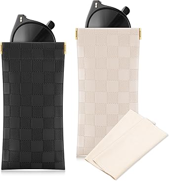 Sightor Sunglasses Case, 2 Pcs Soft Eyeglass Cases Checkered Sunglass Case Portable Squeeze Top Leather Glasses Pouch