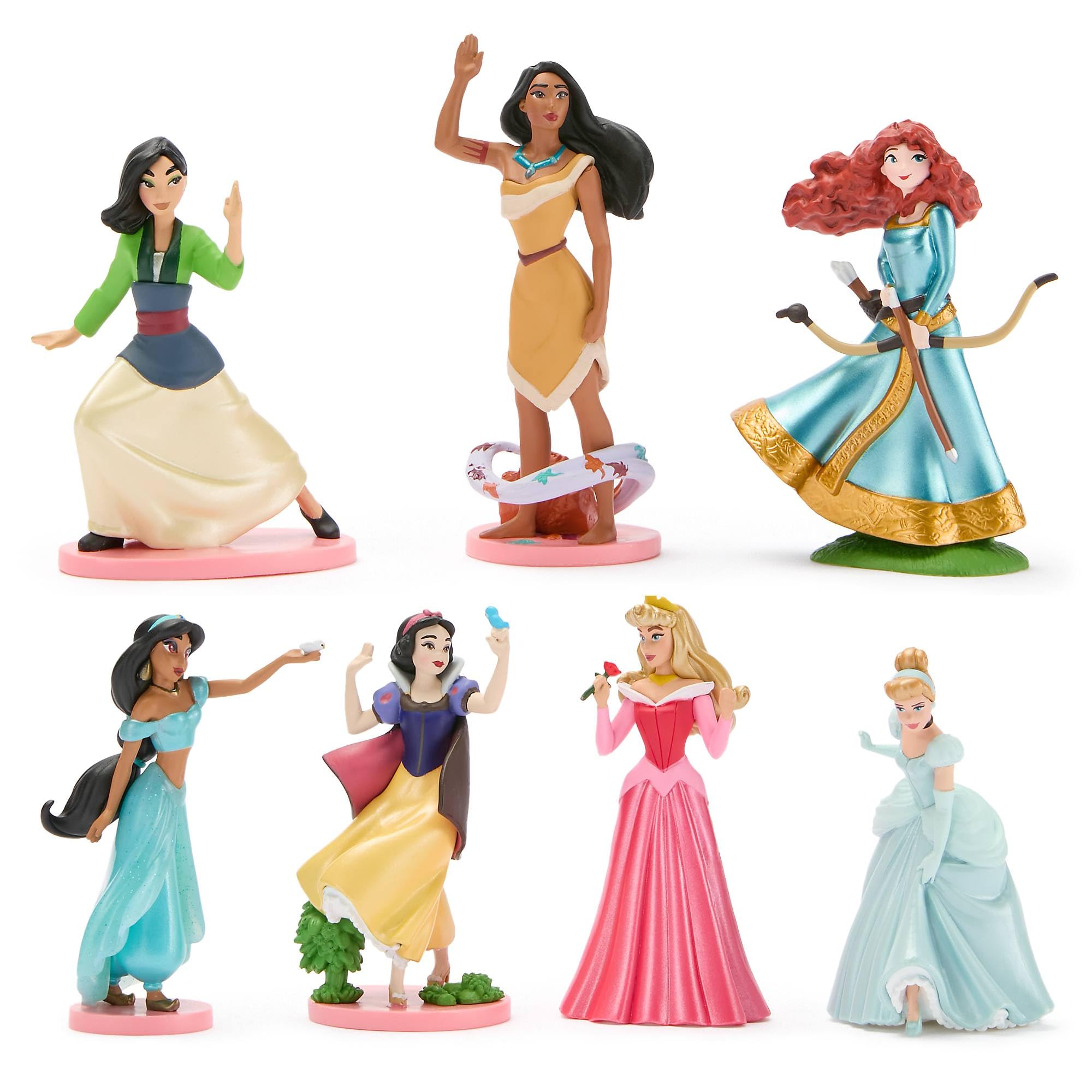 Disney Store Official Princess Figure Set, 7 Toys including Mulan, Pocahontas, Merida, Jasmine, Snow White, Aurora & Cinderella, Suitable for Age 3+