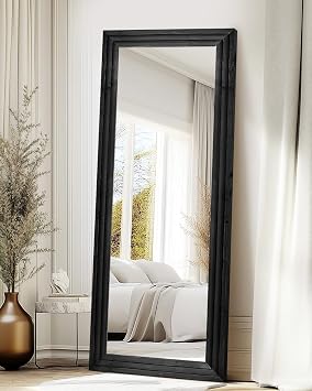 65x24in Full Length Mirror, 3-Tier Stepped Solid Wood Frame, Black | Hanging Or Leaning Wall-Mounted, Large Floor Mirror, Living Room Bedroom Decor