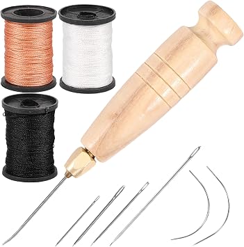 Leather Waxed Thread Sewing Kit, 3-Spool 80 Yards Nylon Waxed Thread and Needle Set, Leather Sewing Upholstery Repair Kit with 7 Needles for Home Leather Bags Shoes Sofa Repair and Sewing