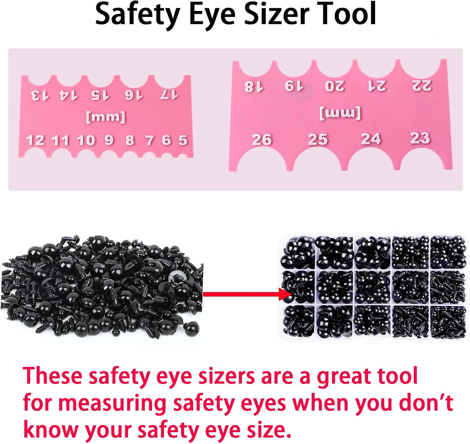SPANSEE Safety Eye Sizer Tool, Safety Eye Ruler for Amigurumi Doll, Helps You Measure Safety Eyes from 5-26mm Size (Pink)
