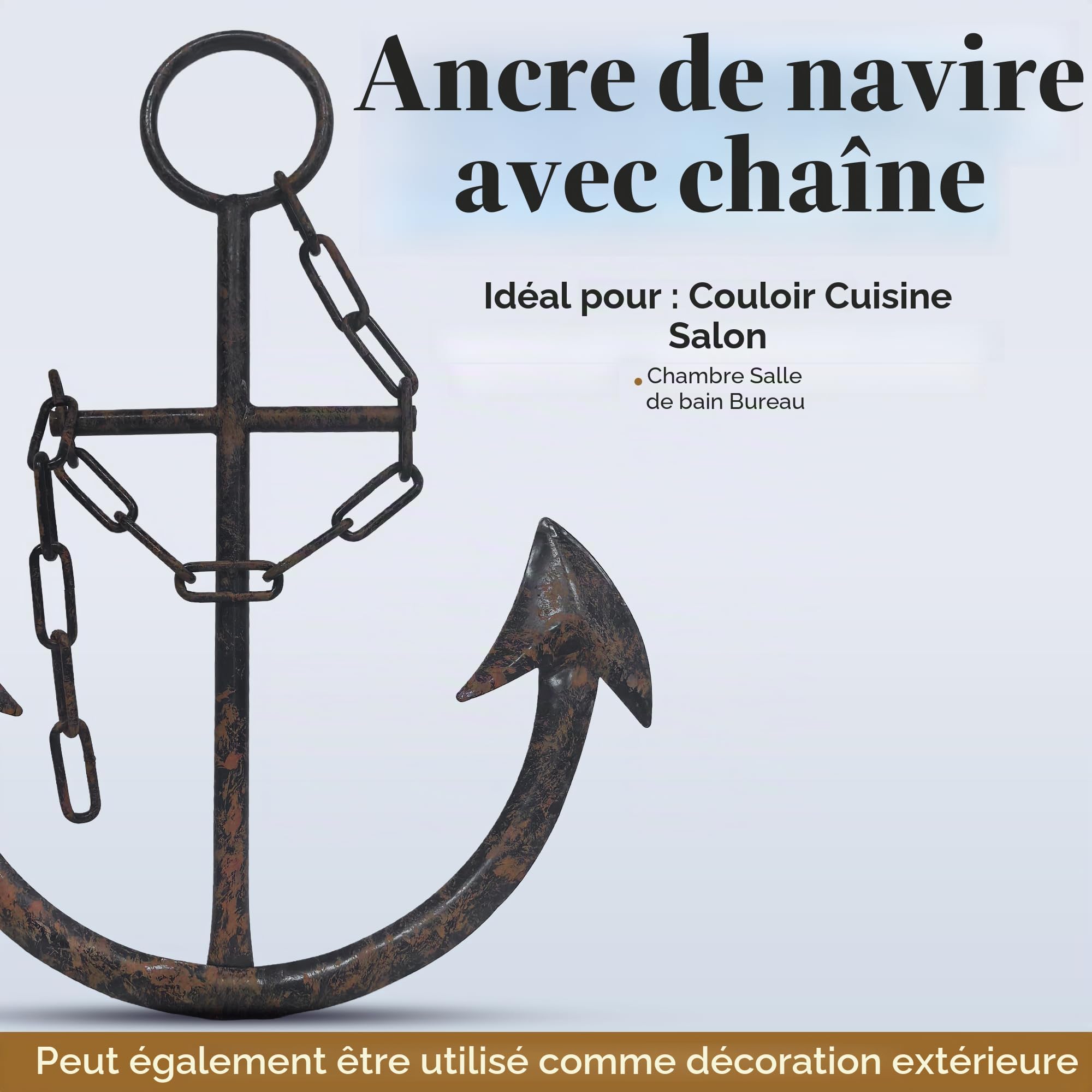 Everydecor Ancre en métal pour décoration murale – Décoration nautique antique pour salon, toilettes, salle de bain, chambre à coucher, cuisine – Ancre de bateau avec chaîne pour intérieur