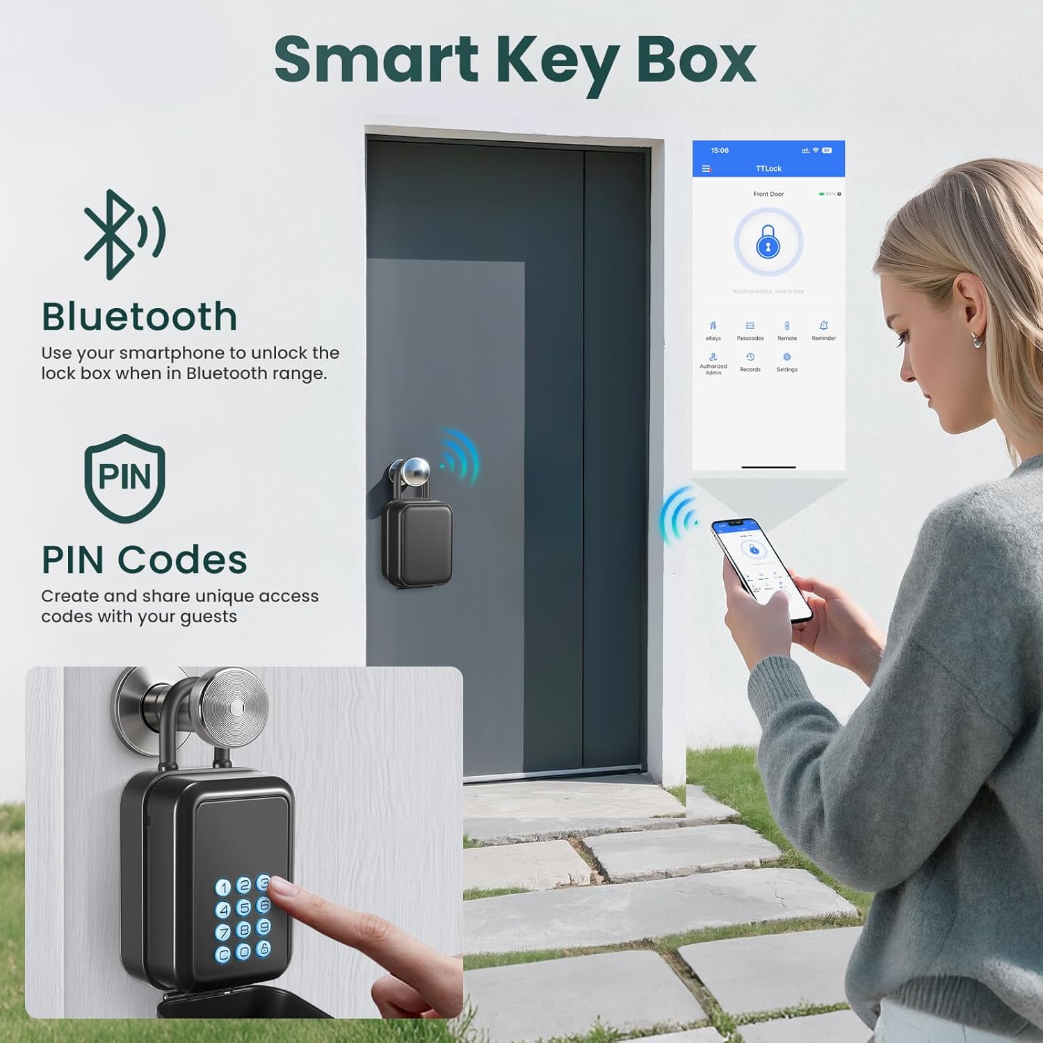 Image showing the Thlevel Smart Key Lock Box with its keypad and a smartphone displaying the TTLock app, illustrating Bluetooth and PIN code unlocking methods.