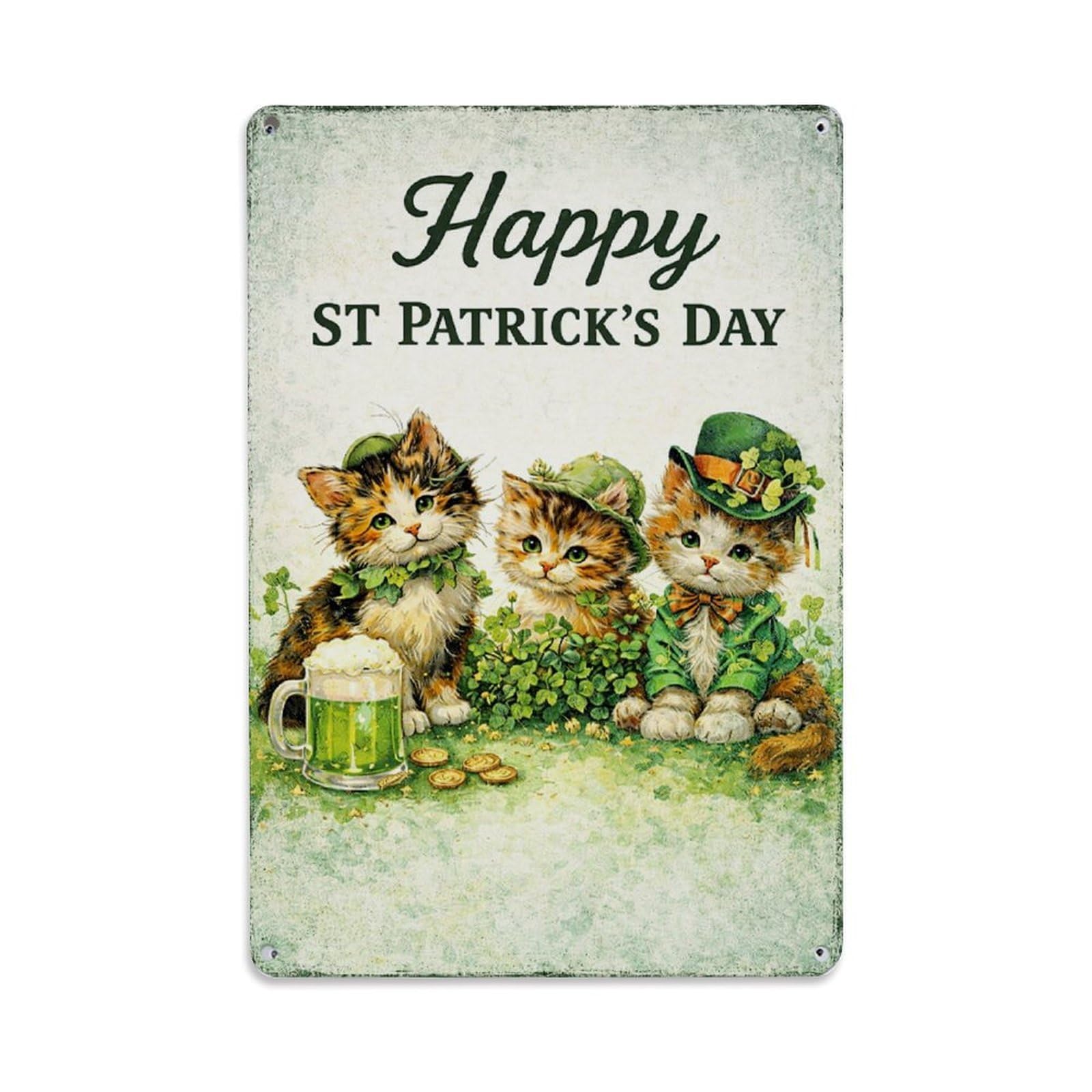 Jdfenggu Vintage Happy St Patricks Day Kittens Retro Metal Tin Sign, Metal Poster For Bar, Home, Man Cave, Kitchen, Laundry Room Art Decor 8X12 Inch