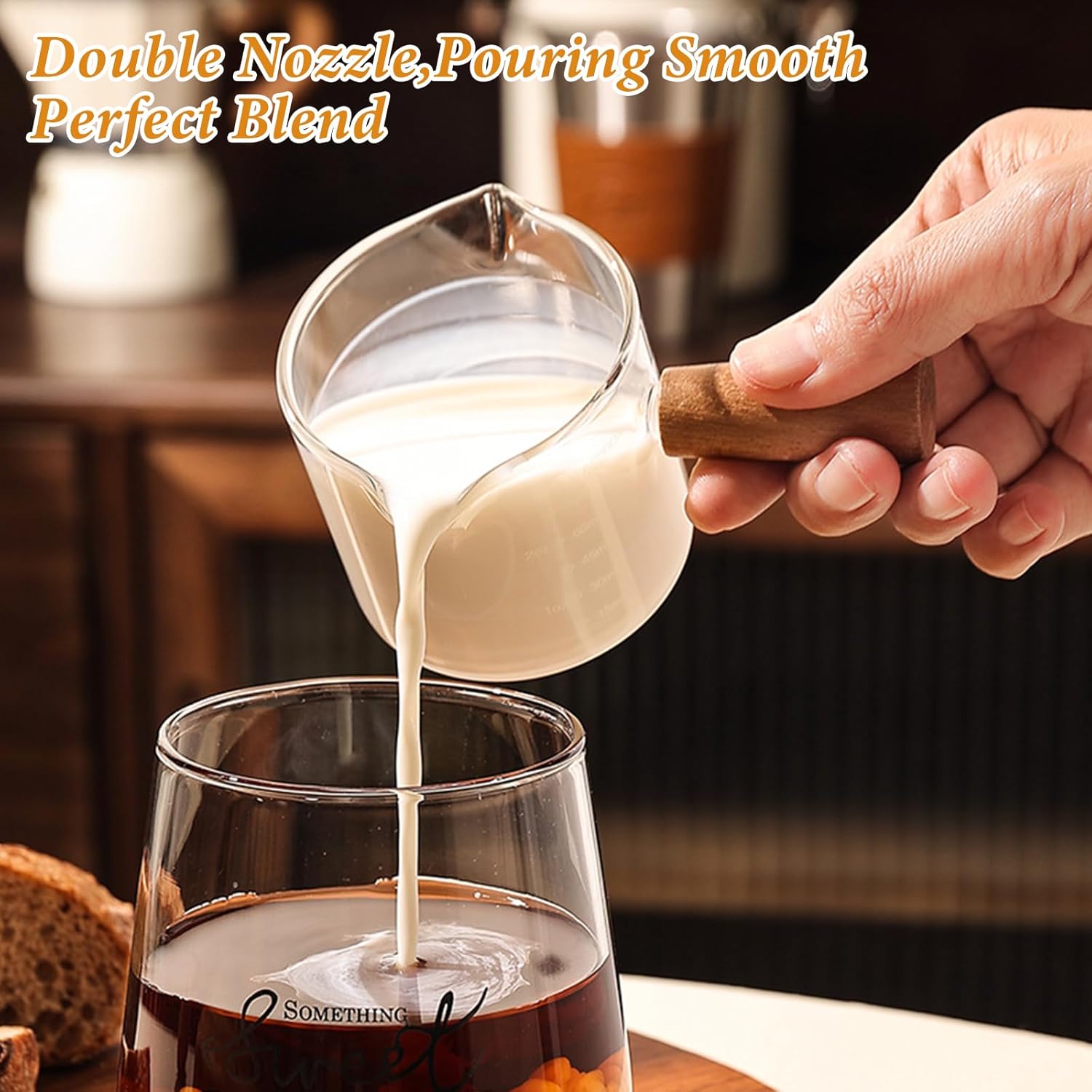 2pcs Espresso Measuring Cups, Double-Spouts Espresso Shot Glass Cups with Handle, 75ml/2.5oz Triple Pitcher Milk Cup Coffee Bar Accessories (Glass Handle Set), Transparent