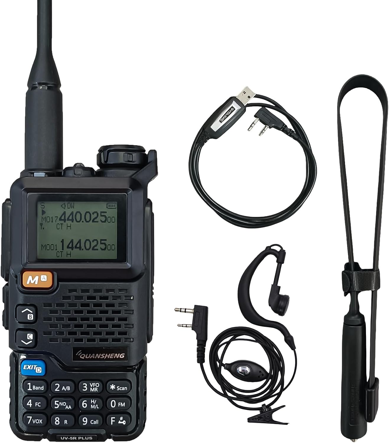 QUANSHENG UV-5R Plus Radio NOAA USB-C Charging Ham Radio AM FM Long Range RT-600 Air Band Tri-Band with 18.89in Tactical Antenna Headset and Programming Cable