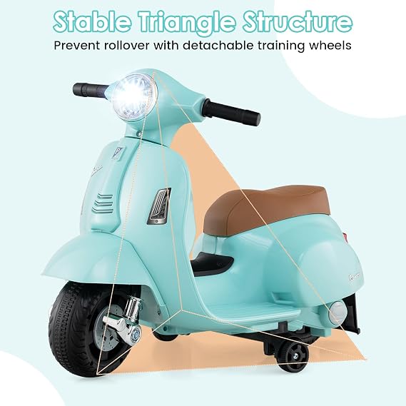 Licensed Vespa Scooter Kids Motorcycle by OLAKIDS, 6V Ride on Electric Motorcycle with Training Wheels, Headlight, Battery Powered 3 Wheels Toy Gift with LED Headlight Horn for Boys Girls (Green)