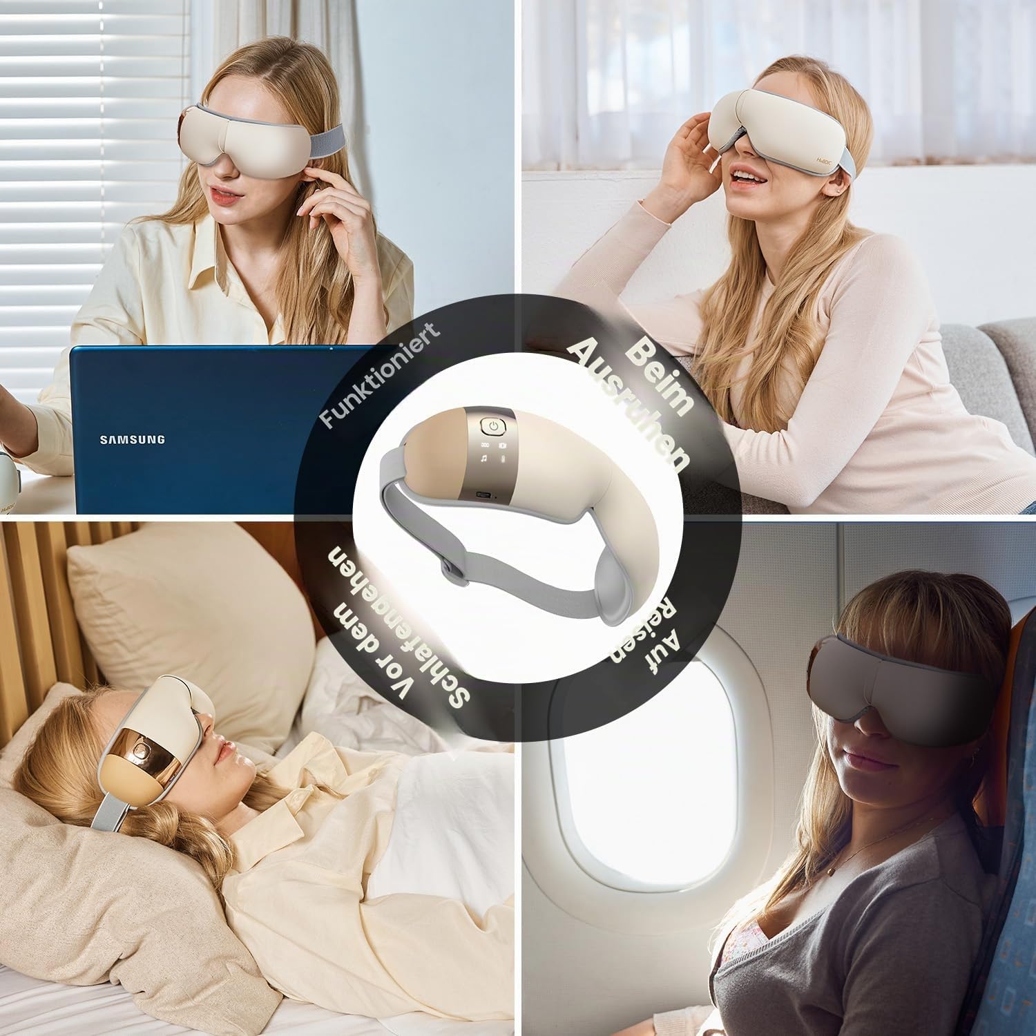 HubiCare Hem-5 Premium Augenmassagegerät mit Wärme und Vibration, für trockene Augen und zur Entspannung der Augen Augenbelastung Augenringe Augenbeutel und verbessern den Schlaf (Beige)