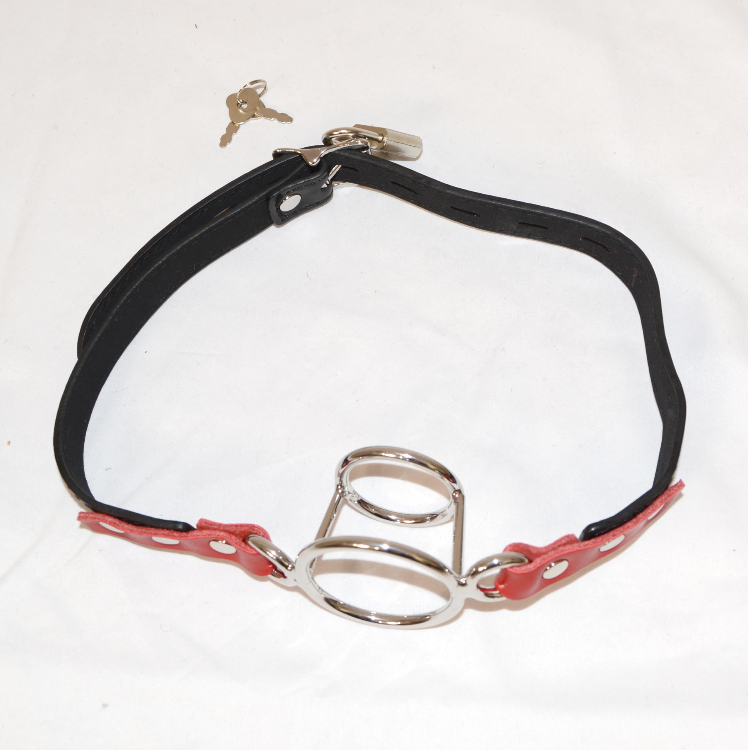 Mordaza BDSM Ring Gag & abre bocas – mordaza abierta con 2 anillos metálicos, con candado, arnés ajustable en cuero sintético para bondage & fetichismo