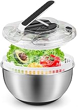 Salad Spinner Stainless Steel 4.5 L, Salad Spinner with Lid, Non-Slip Base & Strainer Insert, Large Push Type Salad Spinner for Washing Salad, Draining Vegetables & Pasta