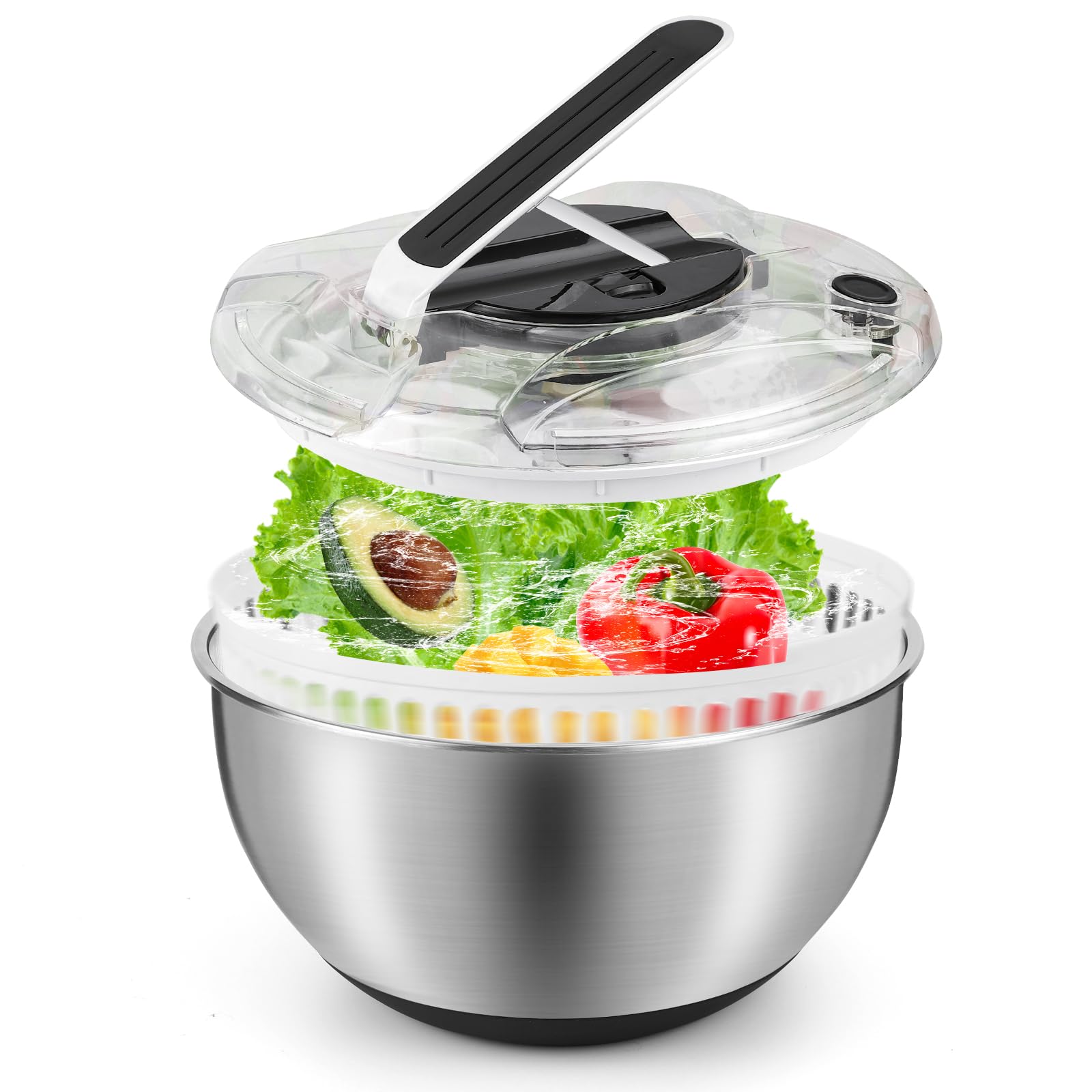 Centrifuga Insalata in Acciaio Inox, 4,5L Asciuga Insalata Centrifuga con Coperchio E Base Antiscivolo, Lava Insalata Centrifuga Ideale per Lavare E Asciugare Verdure E Pasta