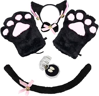 Abida Cat Cosplay Costume - 5 Pcs Cat Ear and Tail Set with Collar Paws Gloves and Vampire Teeth Fangs