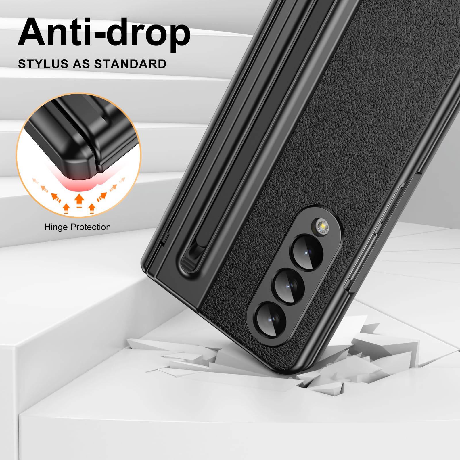 per Galaxy Z Fold4 Custodia con Penna e Slot per Penna, Pellicola Protettiva in Vetro Temperato + Protezione Cerniera Cover in Pelle per Samsung Galaxy Z Fold4-Nero
