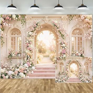 7x5ft Floral Garden Wedding Backdrop for Photography, European Arch Pink Rose Palace Background, Romantic Spring Flower Mansion Courtyard Photo Booth Props for Bridal Shower, Anniversary