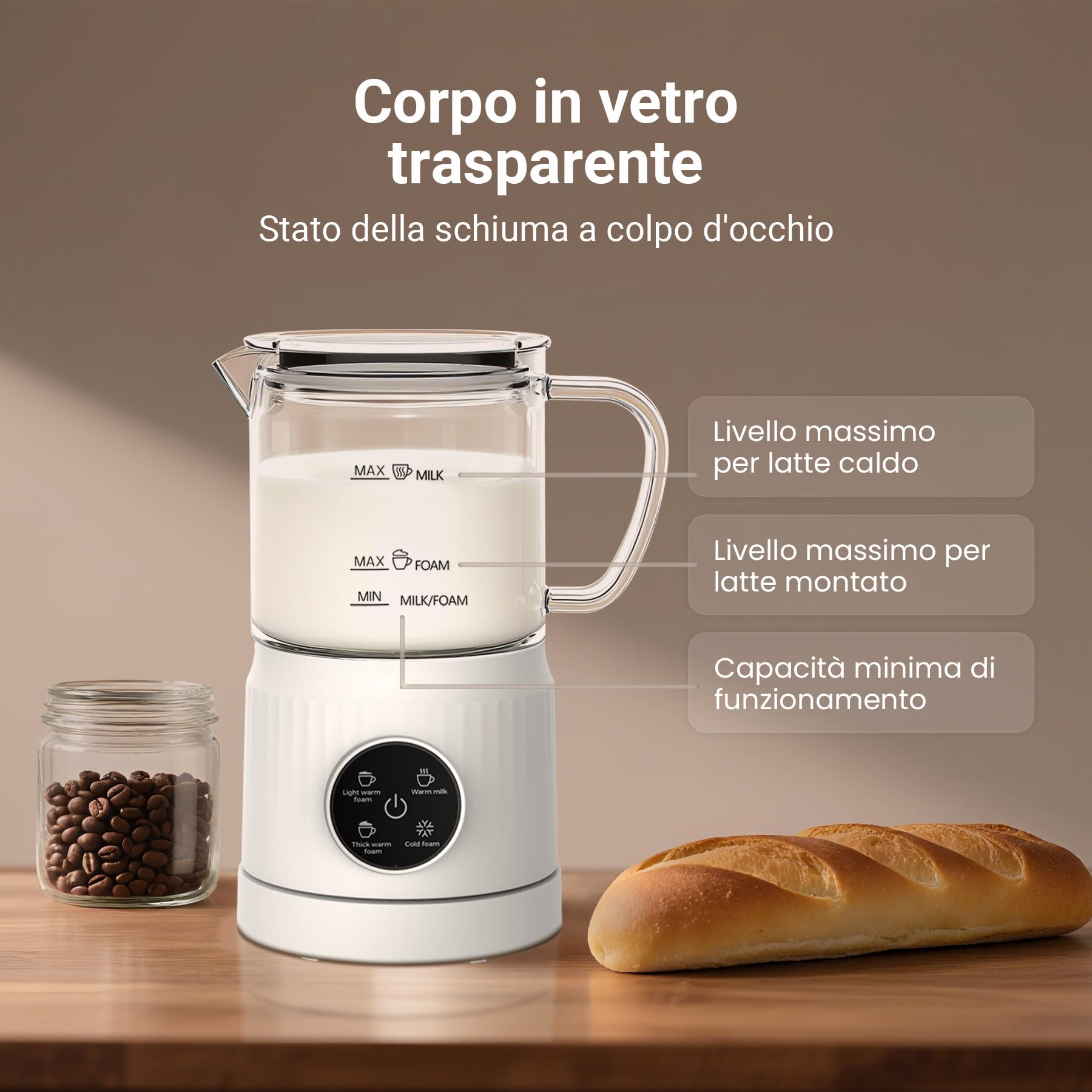 Casimhu Montalatte Elettrico 4 in 1, Cappuccinatore Elettrico per Schiuma Calda e Fredda, Scaldalatte in Vetro, Macchina per Cappuccino, Macchina Automatica per Caffè Latte e Cioccolata Calda, Bianco