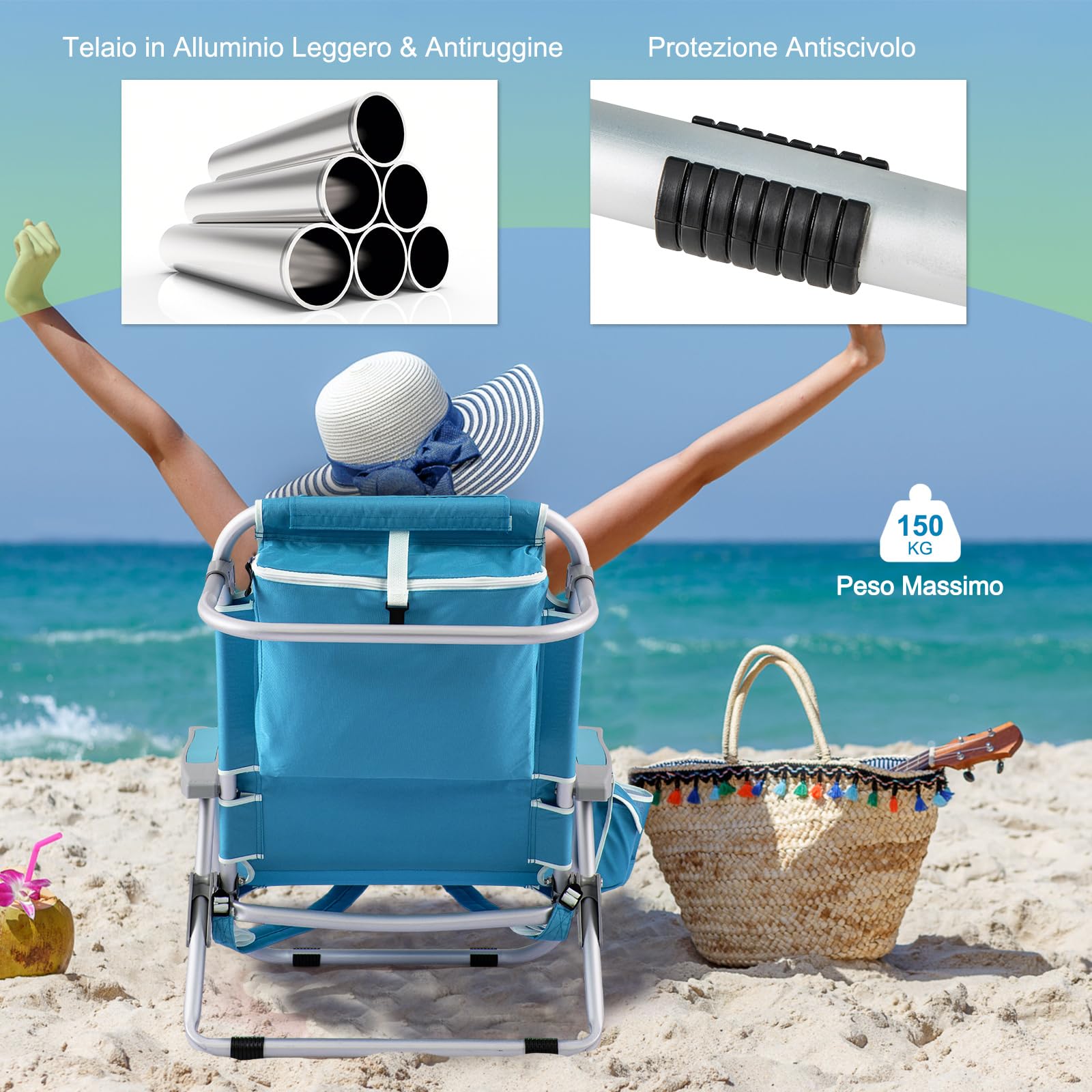 COSTWAY Set di 2 Sedie da Spiaggia, Sdraio Pieghevole a 5 Posizioni con Portabicchieri, Poltrona da Spiaggia con Cuscino per Testa e Zaino, Sedia da Campeggio Portatile, Portata 150 kg (Azzurro,2)