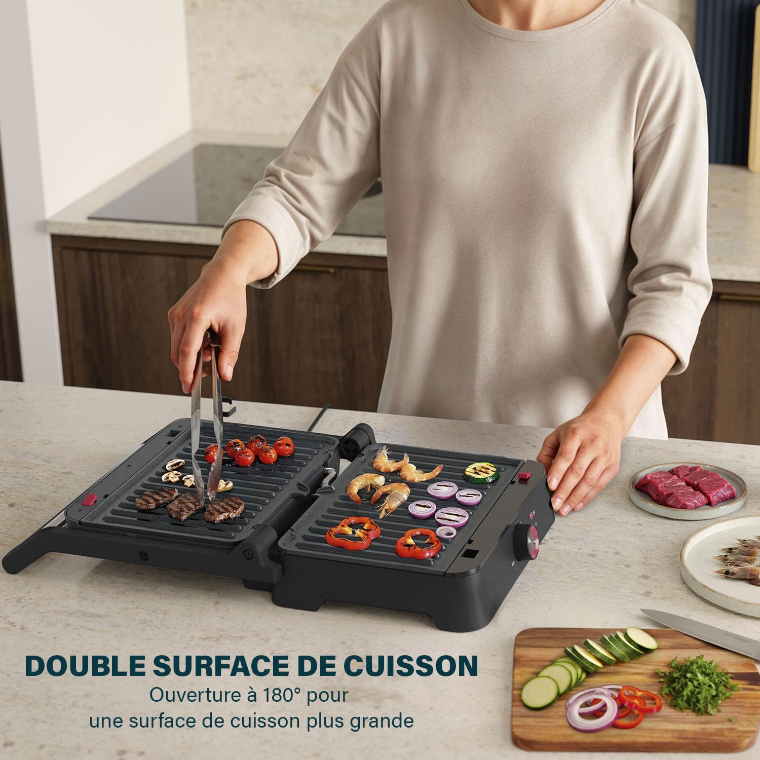 Princess Grill de Contact, Ouverture 180°, Plaques Amovibles, Thermostat Réglable, Sans PFAS, Bac Récupérateur de Graisses, 1500 W, 27,5 x 18 cm, Acier Inoxydable, 117502