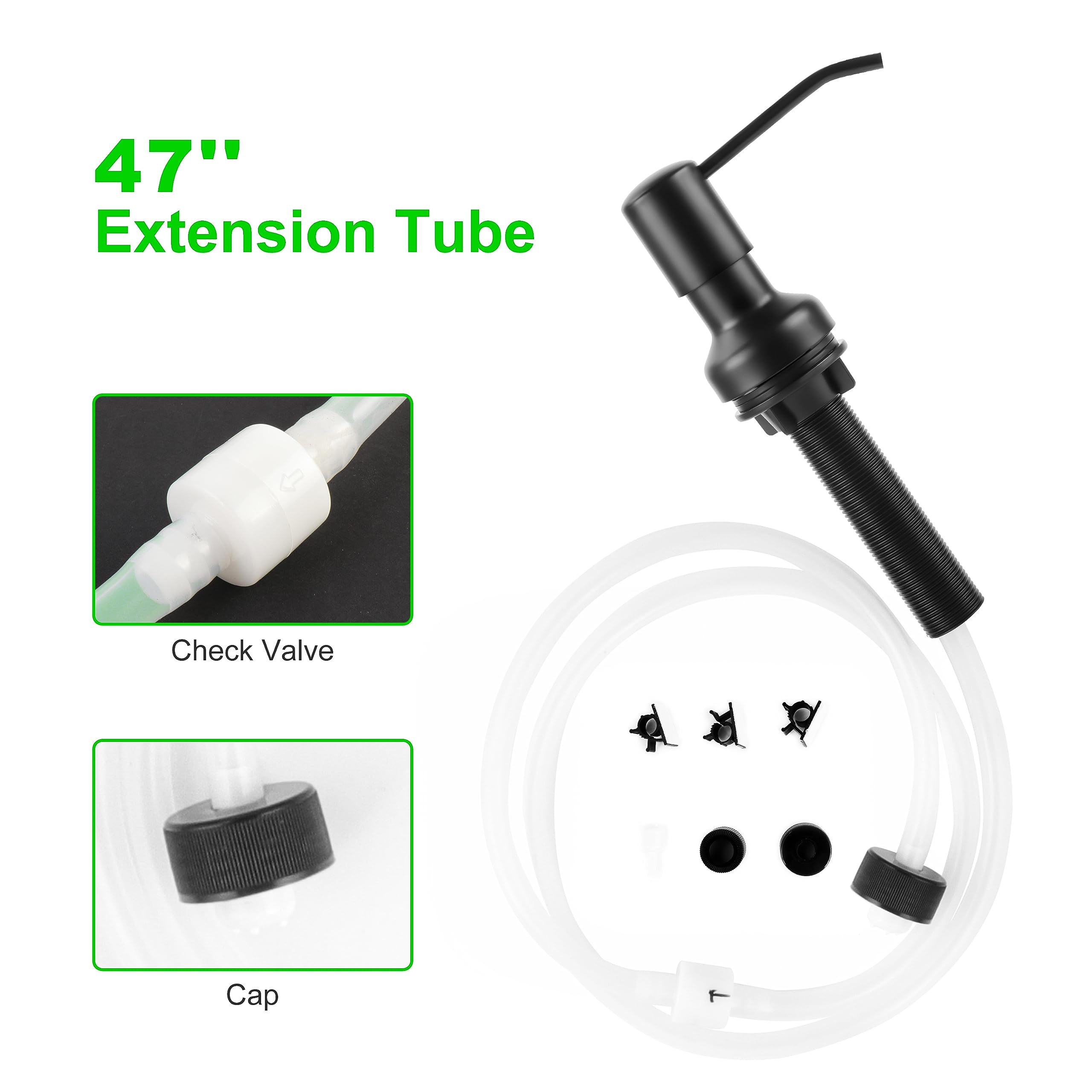 Dispensador de jabón para fregadero de cocina, dispensador de jabón con vástago roscado más largo, tubo de extensión de 47 pulgadas que se conecta directamente al recipiente de jabón de platos, base