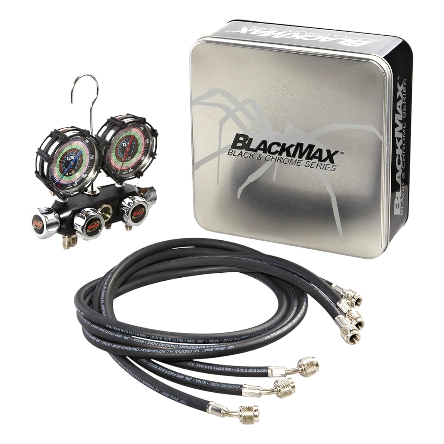 CPS MV4H4P5Z 4-Valve Manifold with Vortech Vacuum Valves - Includes 3-1/8" Class 1.0 Gauges, R-134a, R-22, R-404A, R-410A Compatibility, 5' Hoses