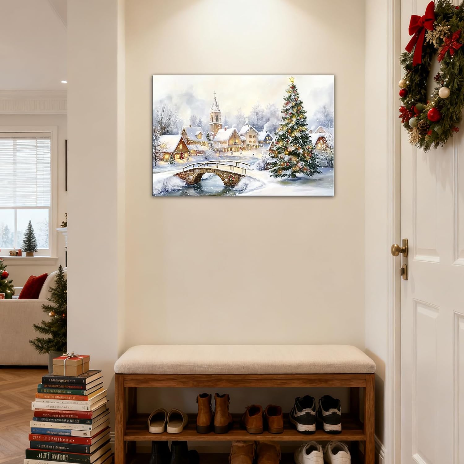 GLOKAKA Christmas Village Wall Art Winter Village Wall Decor Snowy Country Landscape Painting Print Festive Xmas Poster for Living Room Bedroom Home(SNOW-4,12"x18")