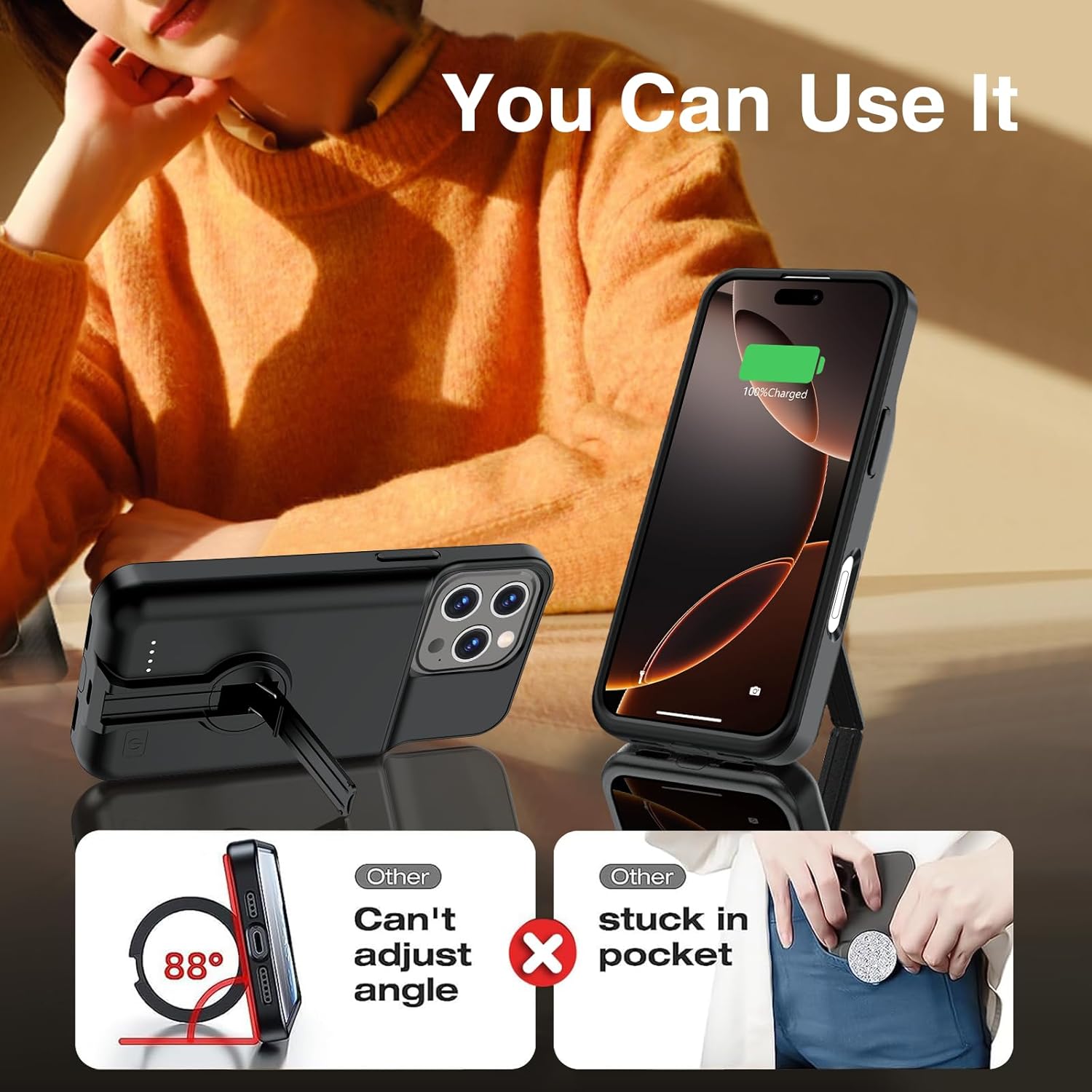 BOPPS Battery Case for iPhone 16 Pro Max with Stand，Slim Powerful 8500mAh Portable Rechargeable Protective Extended Charger Cover for iPhone 16 Pro Max Charging Case Black