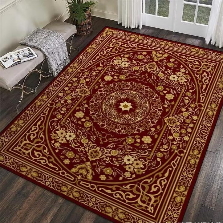 Tapis de salon motif floral rouge et brun pour créer un coin terrasse chaleureux