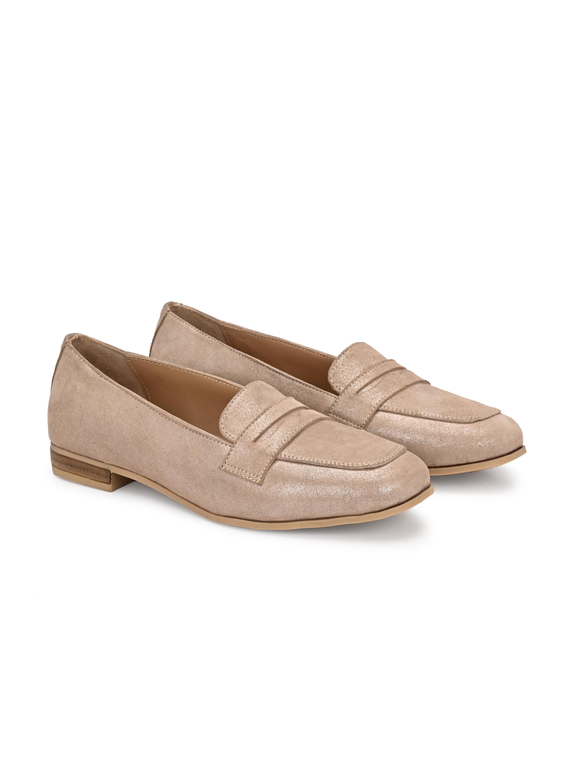 Leather - Beige Metallic Suede Leather Woman’s Moccasins 66960L-image-4