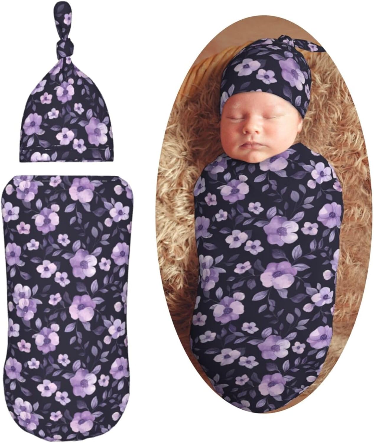 Aesthetic Purple Floral Newborn Swaddle Blankets Hat Sets Soft Baby Receiving Blanket Swaddle Sack for Baby Shower Infant Boy Girl Gift