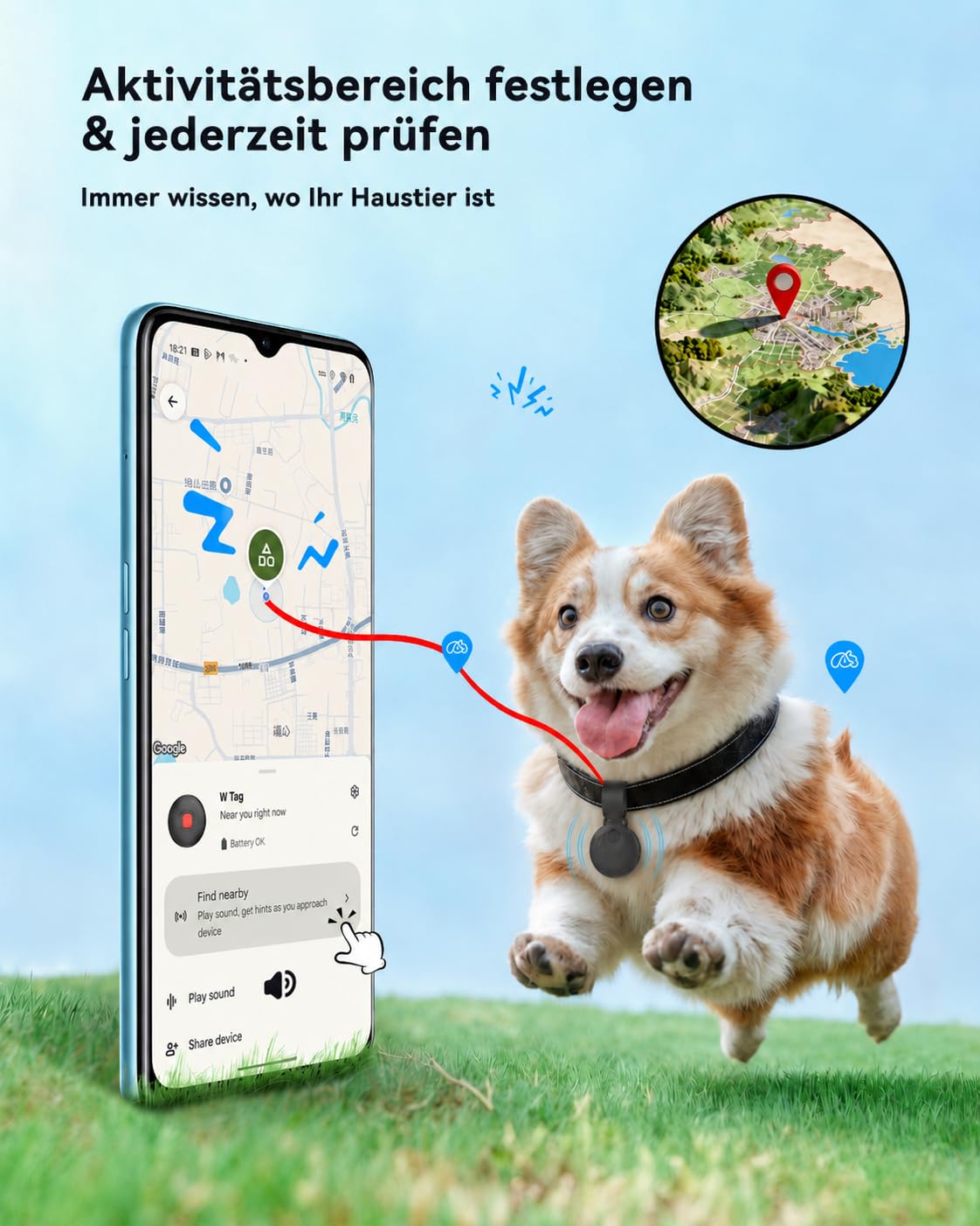 Hunde Tracker für Android, kompatibel mit Google „Mein Gerät Finden“, Bluetooth GPS Smart Tag ohne SIM-Karte & ohne ABO, Hundetracker mit IP67 wasserdichter Silikonhülle für Hundehalsband