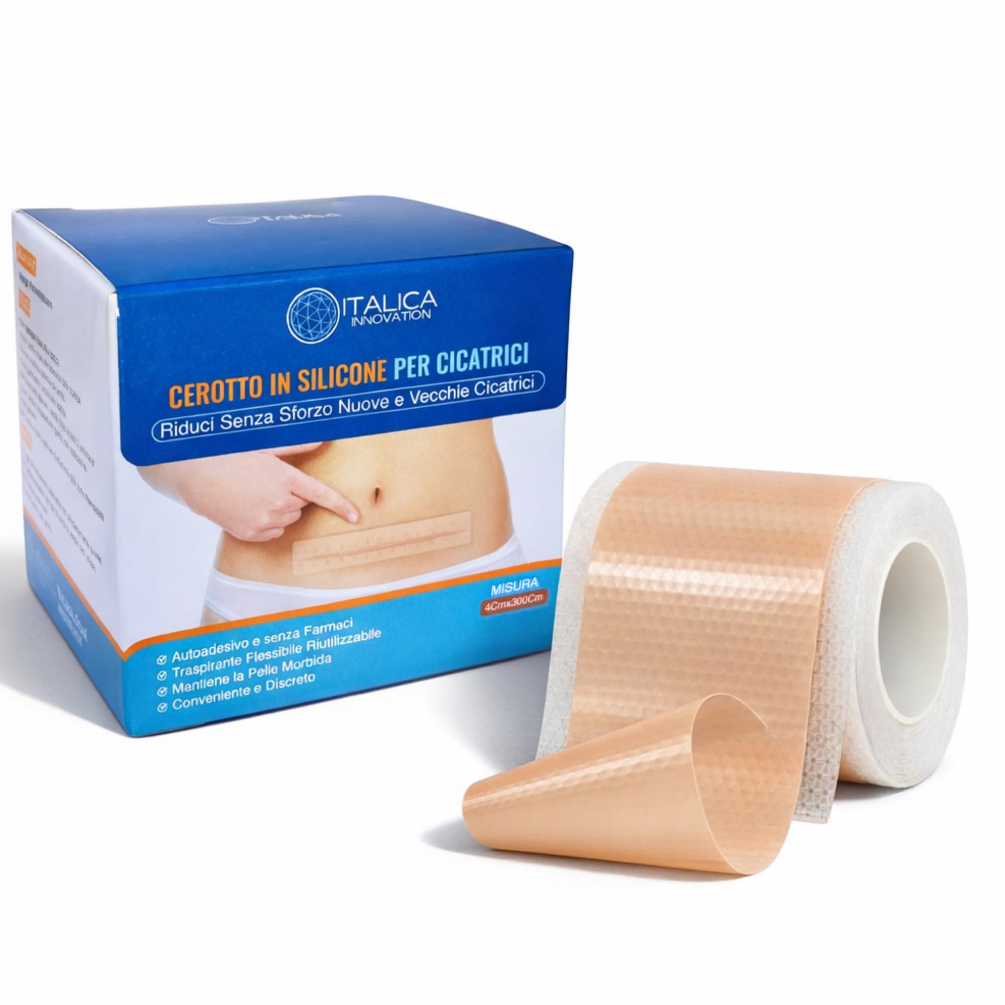 Cerotti in Silicone per Cicatrici, 4x300cm, Ipoallergenici e Riutilizzabili, Impermeabili Post Operatorio, per Cicatrici Chirurgiche, Cesareo, Acne e Cheloidi