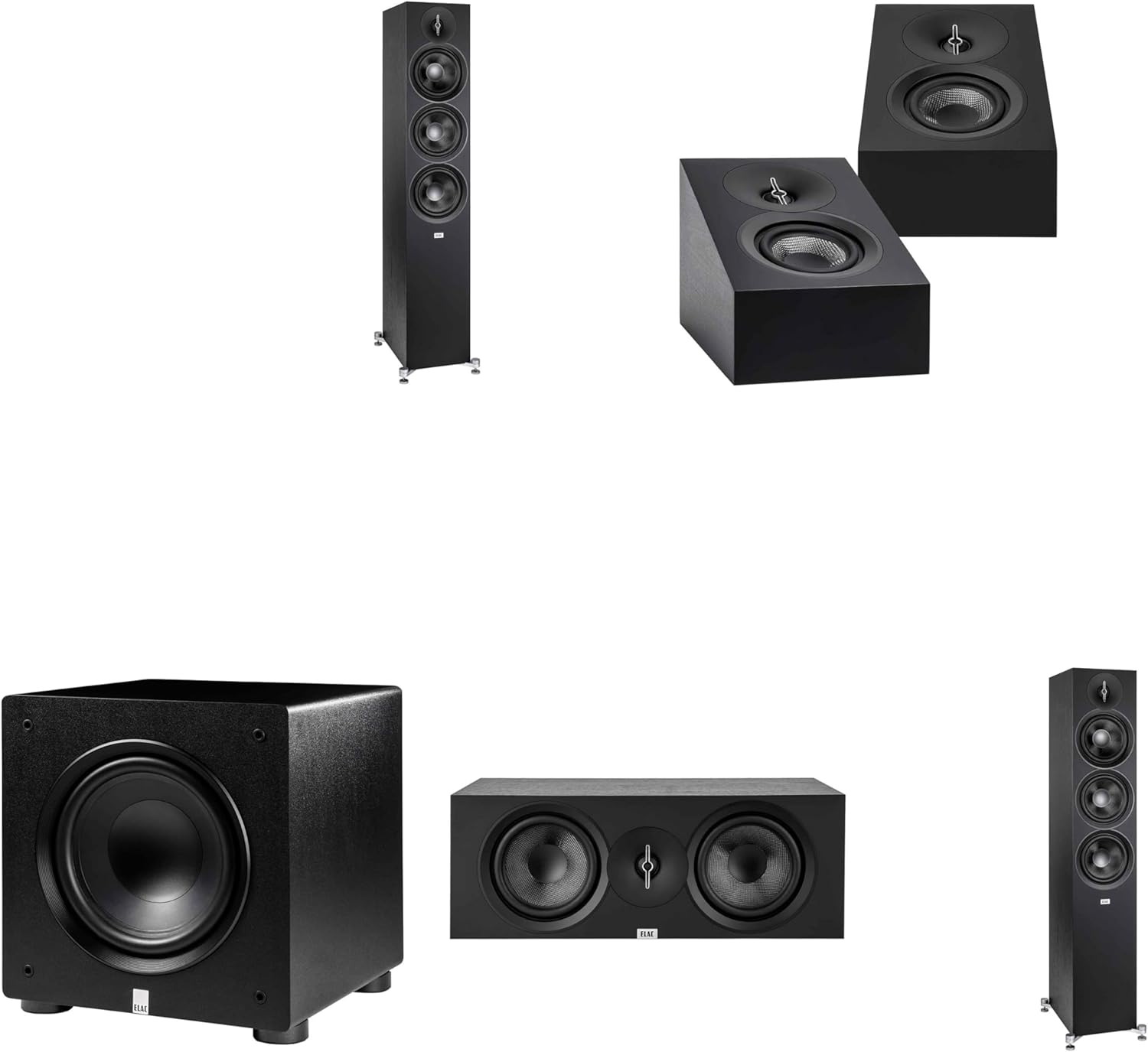 ELAC DF63-BK - Debut 3.0 6.5" Floor Speaker - Black (Pair), DA43-BK Debut 3.0 - DA43-BK Atmos/On Wall Speaker, PS250-BK - Varro Premium 10" 250 Watt Powered Subwoofer with Auto-EQ