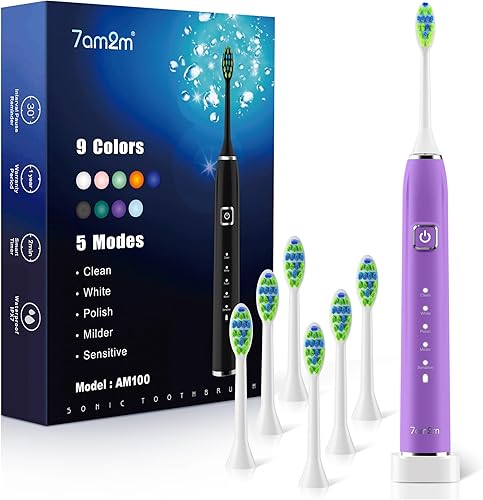 Miniatura 14 de 7AM2M Cepillo de dientes eléctrico sónico con 6 cabezales de cepillo para adultos y niños, una carga durante 120 días, carga rápida inalámbrica, 5