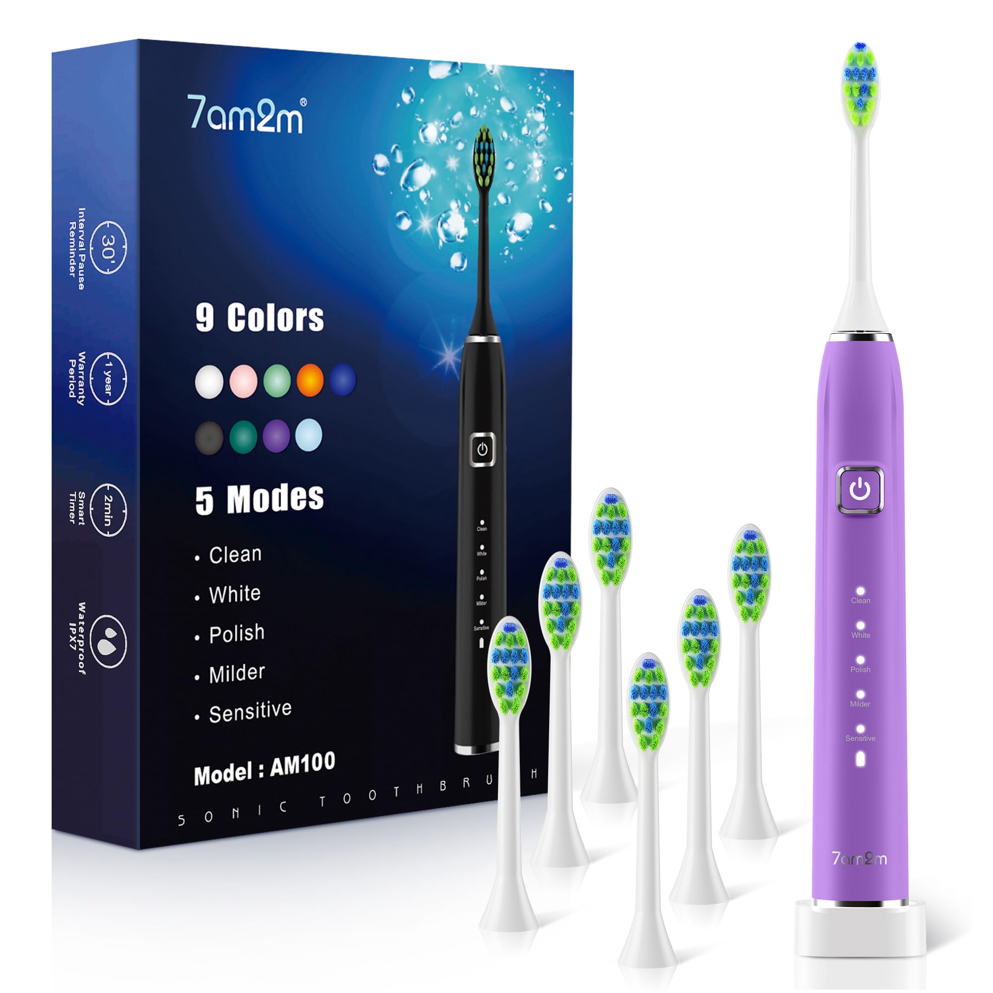 7AM2M Sonic Electric Toothbrush with 6 Brush Heads for Adults&Kids, One Charge for 120 Days, Wireless Fast Charge, 5 Modes, 40000VPM Powered Toothbrush, 2 Minutes Built in Smart Timer - Purple