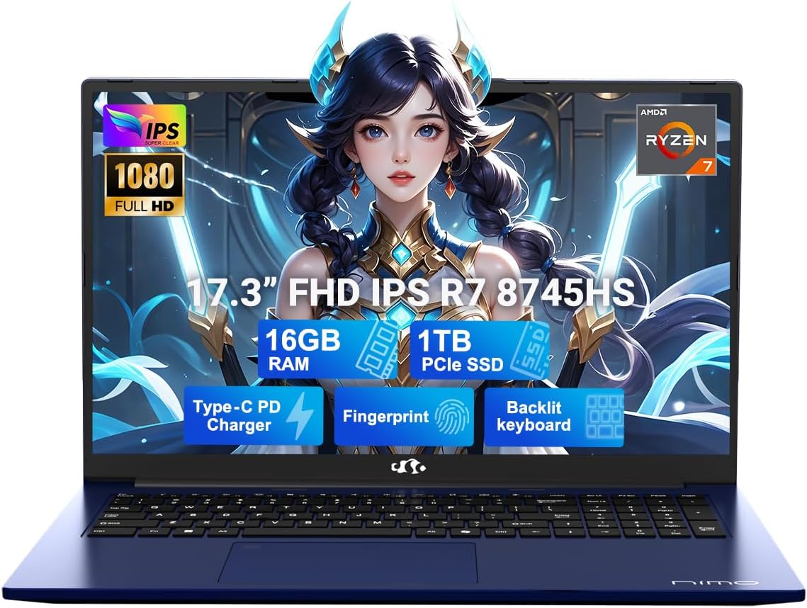 NIMO 17.3" Light-Gaming-Laptop, 8 Cores AMD Ryzen 7 8745HS 16GB DDR5 RAM 1TB SSD (Beat R9 6900HX, up to 4.9GHz) Radeon 780M Graphics IPS FHD Computer with 100W Type-C Backlit Keyboard, Fingerprint