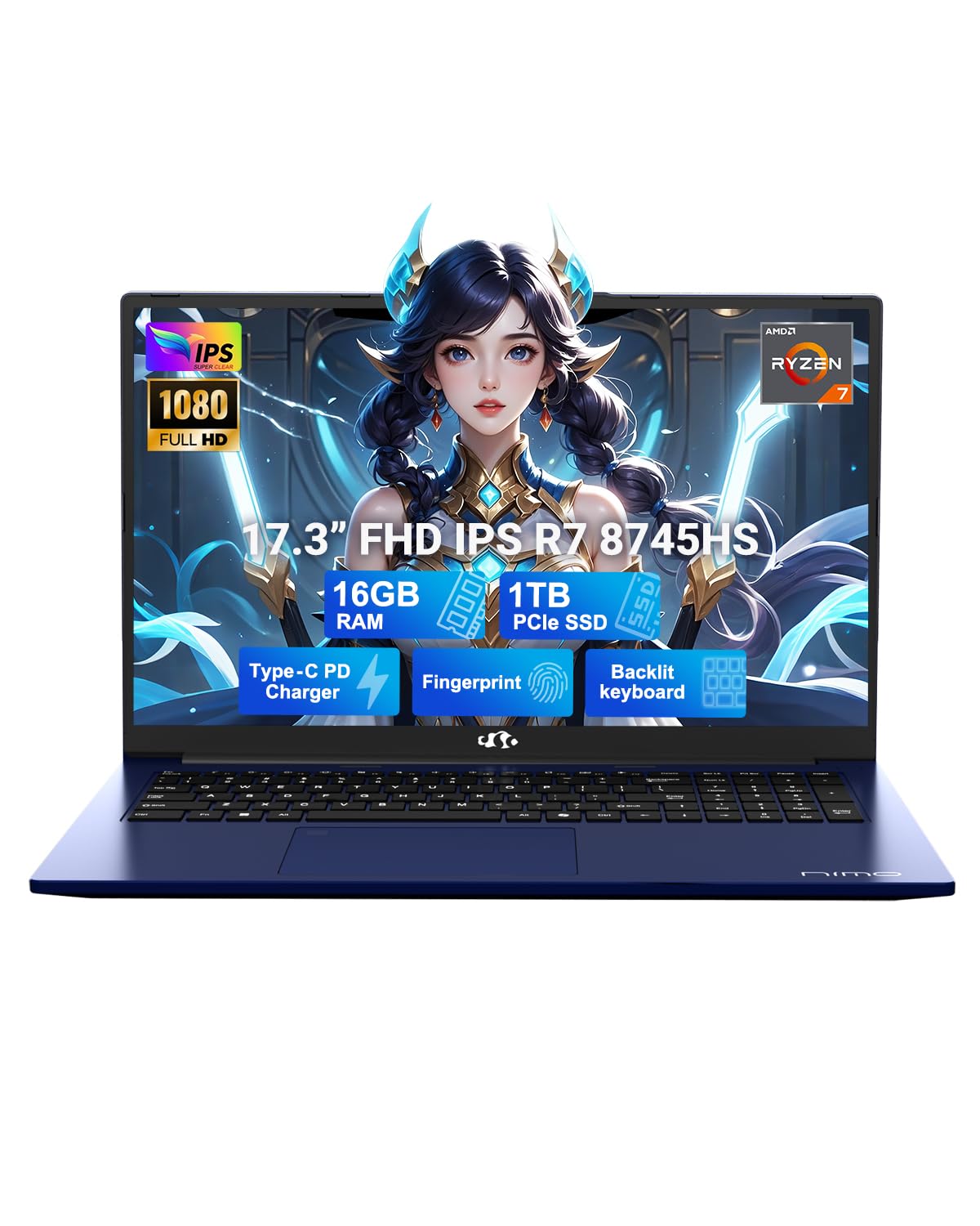 NIMO 17.3" Light-Gaming-Laptop, 8 Cores AMD Ryzen 7 8745HS 16GB DDR5 RAM 1TB SSD (Beat R9 6900HX, up to 4.9GHz) Radeon 780M Graphics IPS FHD Computer with 100W Type-C Backlit Keyboard, Fingerprint