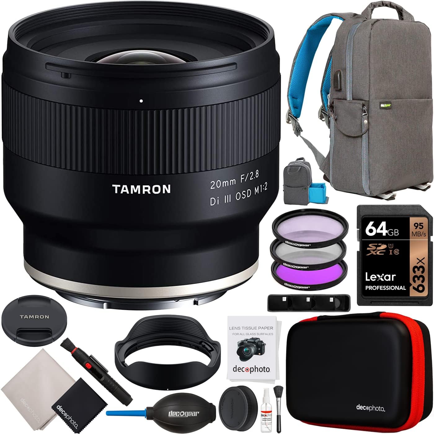 Tamron 20mm F/2.8 Di III OSD M1:2 Lens Model F050 for Sony E-Mount Full Frame Mirrorless Cameras Bundle with Deco Gear Photography Backpack Case + 67mm Filter Kit + 64GB Memory Card + Accessories