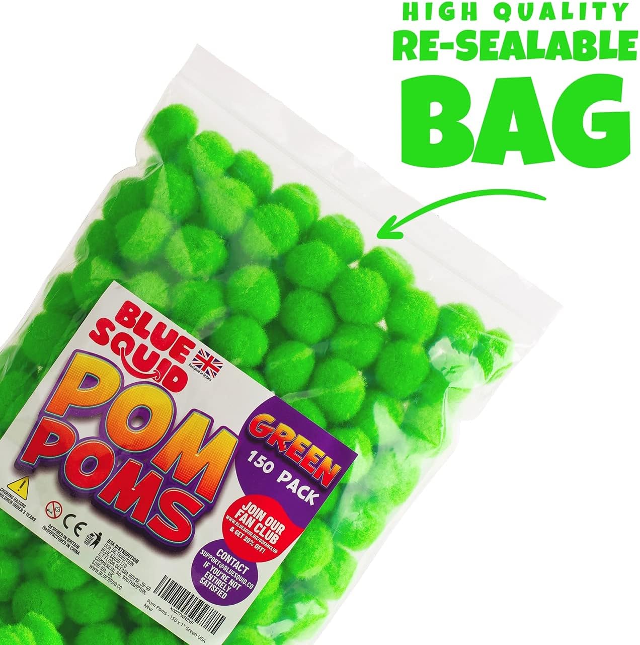 Green Craft Pom Poms - 150 Pack - Blue Squid Multicolor Rainbow Fuzzy Pompom Puff Balls for Crafts