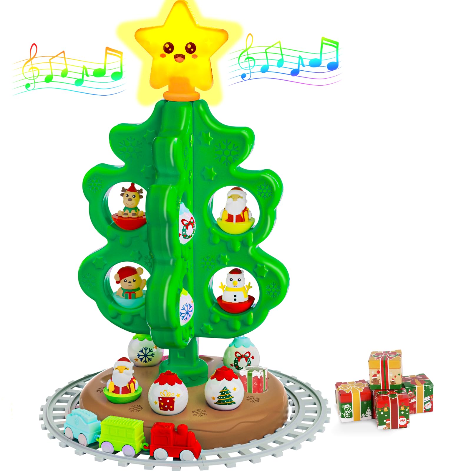 My First Christmas Tree for Kids, Light Up Star Musical Toy Toddler Christmas Tree Decoration Toy Set with Colorful Ornaments DIY Train&Track, Roly