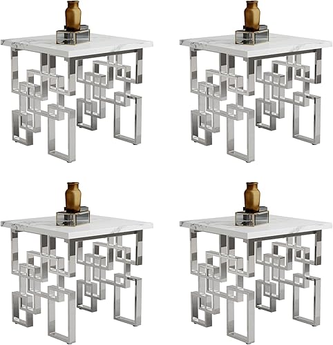 Miniatura 9 de AUZ Mesa auxiliar dorada, moderna mesa auxiliar cuadrada para sala de estar con parte superior blanca y base geométrica de metal dorado espejado