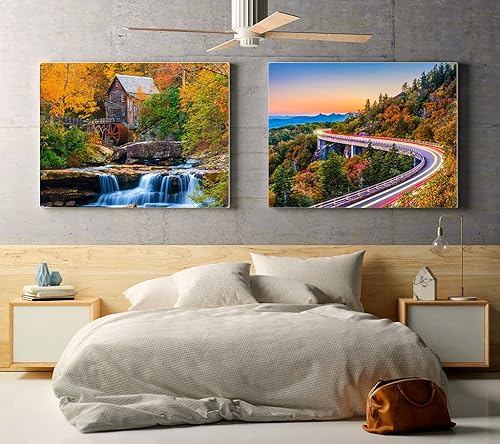 Miniatura 7 de Paquete de 4 1000 piezas para rompecabezas de capilla del bosque y Lake House y Glade Creek Grist Mill durante el otoño y Blue Ridge Parkway Linn