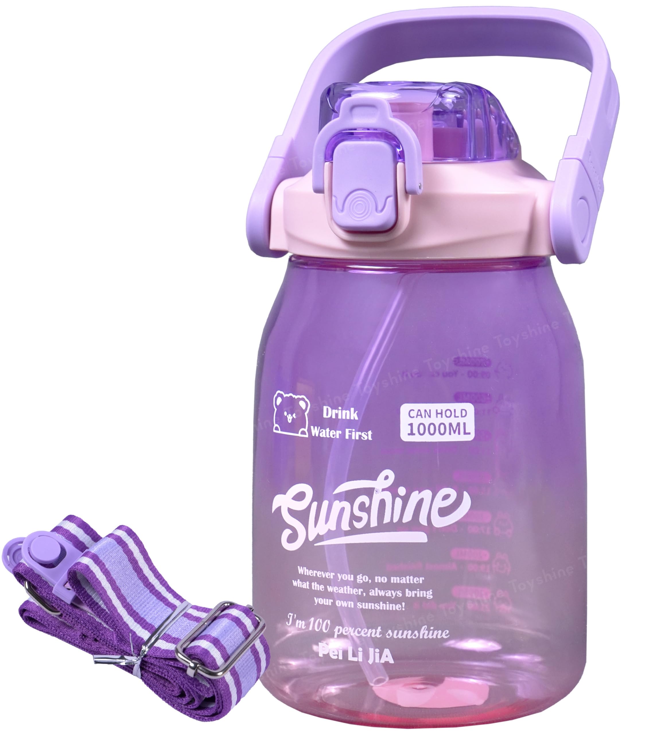 Toyshine 1000ml Tritan Leak-Proof BPA Free Large Capacity Anti Spill Big Belly Portable Handle and strap Water Bottle with Straws Ideal for Office Sports School Gym Yoga - Purple-image-28
