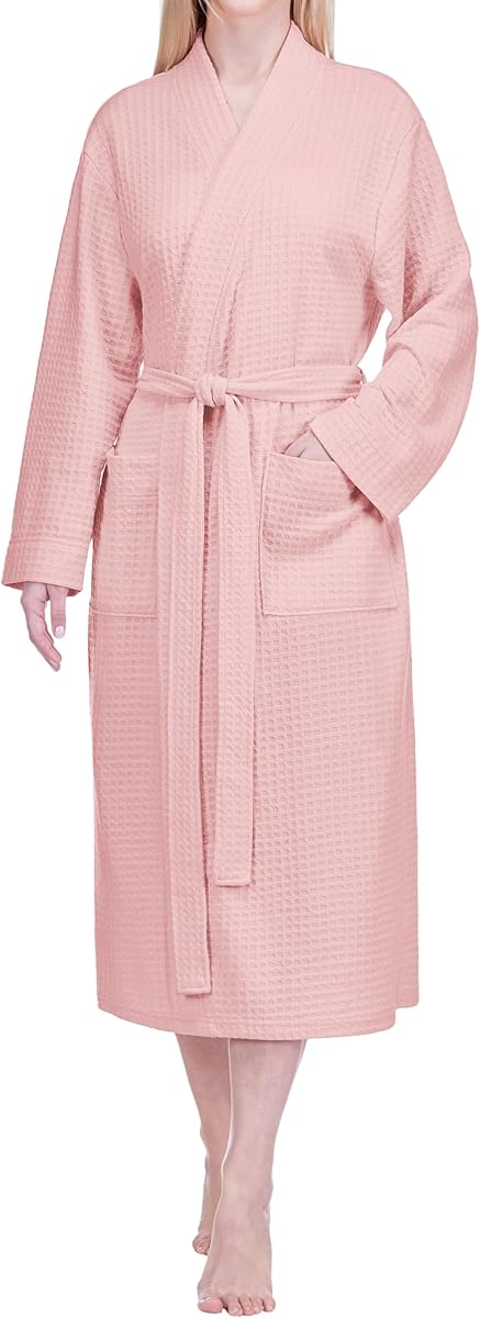 PAVILIA Womens Waffle Robe Lightweight Cotton Blend Bathrobe with Pockets | 230GSM breathable cotton blend waffle. Full length relaxed fit, adjustable belt, 2 pockets. Machine washable, S-3XL