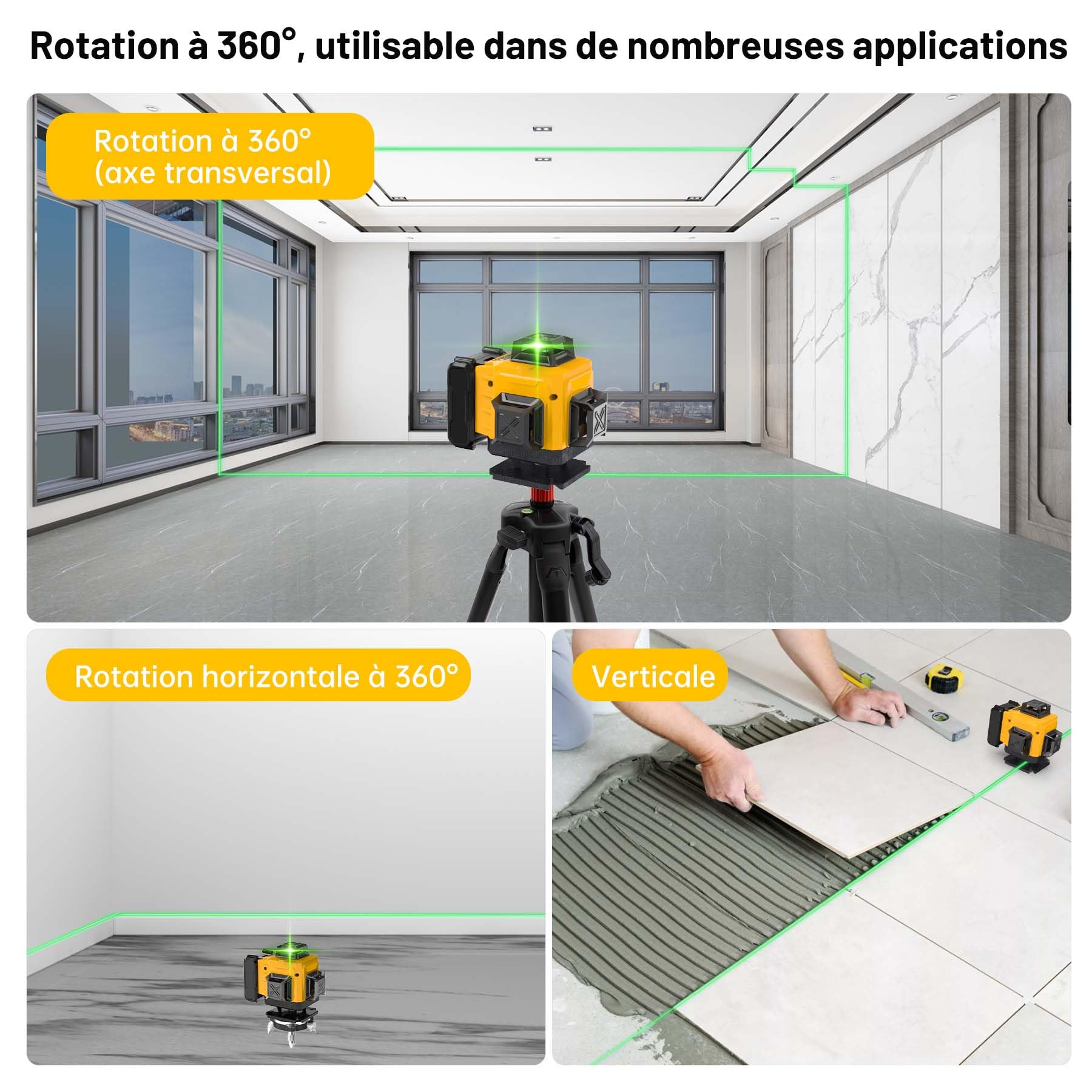 Niveau Laser Chantier Autonivelant 4 x 360°, 4D 16 Lignes Lazer Niveaux avec 4800mAh Batterie, Mode Impulsion ExtéRieur, Télécommande, IP54 Étanche et Anti-Poussière