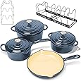 Basque Enameled Cast Iron Cookware Set, 7-Piece Set (Biscay Blue), Nonstick, Oversized Handles, Oven Safe; Skillet, Saucepan, Small Dutch Oven, Large Dutch Oven, 10.25", 2QT, 2.25QT, 4.75QT