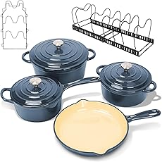 Basque Enameled Cast Iron Cookware Set, 7-Piece Set (Biscay Blue), Nonstick, Oversized Handles, Oven Safe; Skillet, Saucepan, Small Dutch Oven, Large Dutch Oven, 10.25", 2QT, 2.25QT, 4.75QT