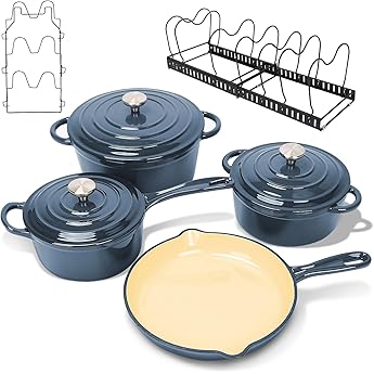 Basque Enameled Cast Iron Cookware Set, 7-Piece Set (Biscay Blue), Nonstick, Oversized Handles, Oven Safe; Skillet, Saucepan, Small Dutch Oven, Large Dutch Oven, 10.25", 2QT, 2.25QT, 4.75QT
