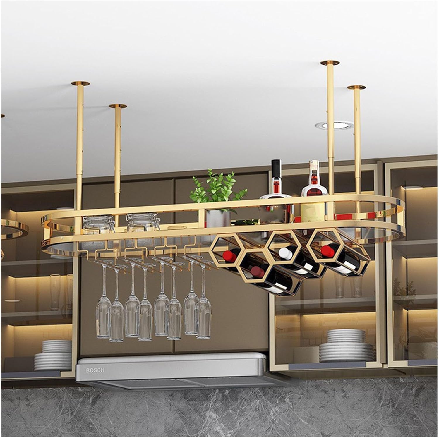 Suspended Wine Rack with Upside-Down Glass Holder Gold Stainless Steel Hexagonal Bar Shelves Adjustable Height Hanging Rod Acrylic Shelf Included Rounded Corner(47.2x13.8)